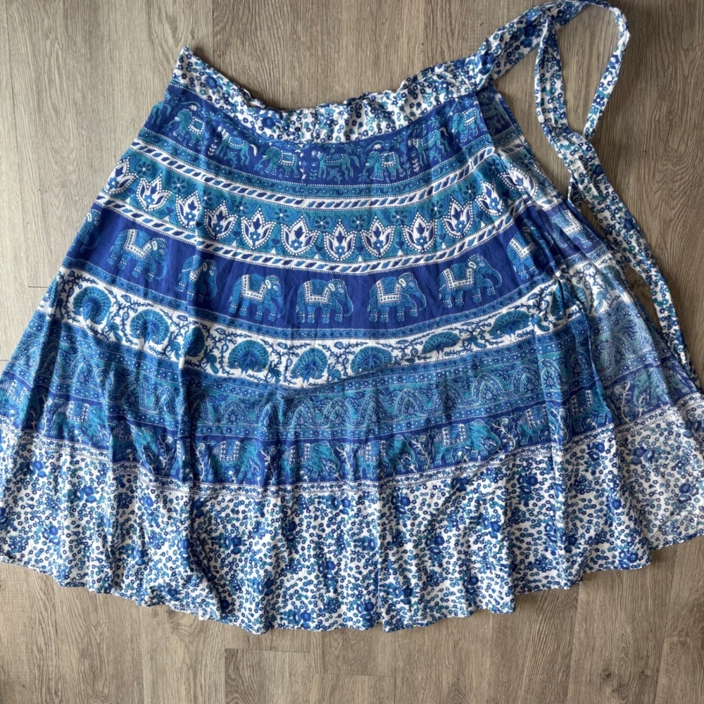 Funky People Blue White Elephant Paisley Cotton Wrap Skirt Free Size India Boho